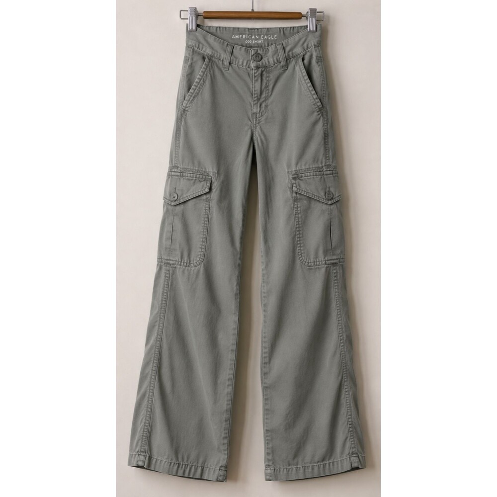 American Eagle Baggy Cargo Pants Womens 000 Short Mid Rise Wide Leg Sage Green